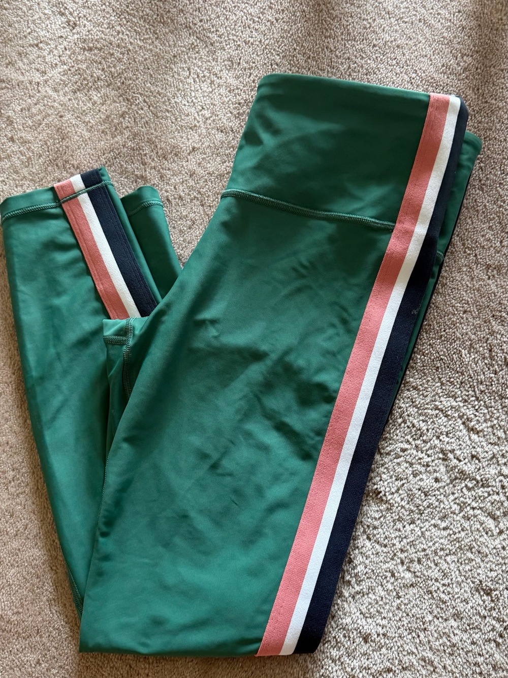 Athleta Green Leggings with Pink, White & Navy Side Stripes. women’s medium